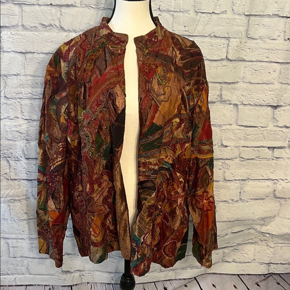 Chico’s Open Blazer Multicolored Embroidered Chicos Size 3 XL Patchwork Raw Edge